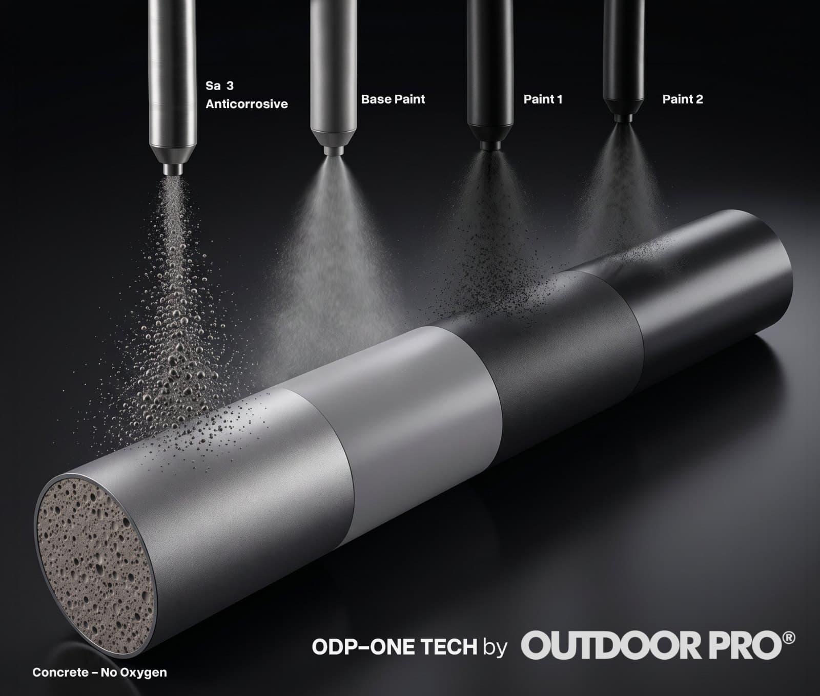 Corte del sistema ODP-ONE: preparación Sa 3, base, dos capas de pintura y núcleo de concreto sin oxígeno